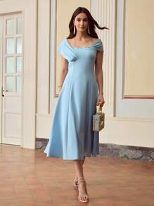 ZEYLAH Women Elegant Waist Decorated Asymmetric Rhinestone & Faux Pearl Embellished Mid-Length Dress - Blue - View 5