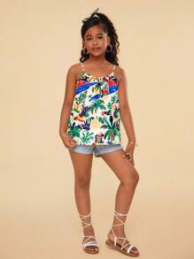 Top canotta casual da ragazza con fiori piccoli e motivo intrecciato, adatto per le vacanze