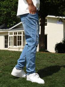 Manfinity Roughcore Jeans décontractés et délavés effilochés pour hommes - Jean clair - Voir 7