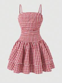 青少年女孩格子无袖连衣裙，适合夏季度假 - 紅色 - 查看 5