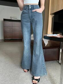 DAZY 女式韩版喇叭水洗牛仔裤 - 藍色 - 查看 6