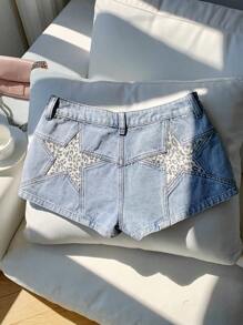 Comfortcana 女士豹纹星星口袋休闲百搭俱乐部女士性感牛仔短裤，乡村音乐会，返校季