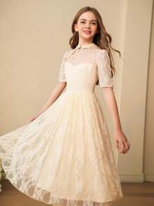 Teen Girl Chinese Style Hanfu Element Dress With Stand Collar And Button Front - Apricot - View 3