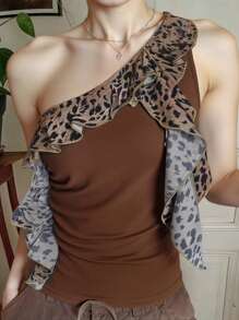 INAWLY Women's Leopard Print Ruffle One Shoulder Top - White - View 4