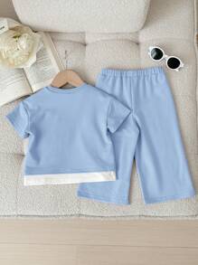 SHEIN Baby Girls Spring/Summer Cute Purple Flower Pattern 2 In 1 Short Sleeve T-Shirt & Elastic Waist Pants Set - Blue and White - View 2