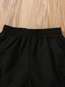 SHEIN 男童纯色弹力腰翻盖口袋工装短裤，舒适休闲短裤，适合日常穿着、海滩、度假、派对、夏季