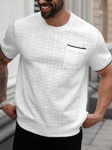 Manfinity Homme Men's Casual Short Sleeve T-Shirt, Made Of Vertical Striped Jacquard Knitted Texture Fabric, Fashion Versatile, Suitable For Daily Wear. It Is The Perfect Gift For Boyfriend Or Husband. Plus Size Men T-Shirt, Men's Casual Top, Men's Textured T-Shirt, Men's Summer Top, White Short Sleeve T-Shirt
