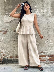 SHEIN LUNE 2件套加大码套装 - 条纹印花圆领无袖上衣和长裤