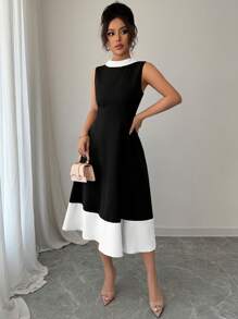 Selianne Đầm midi hở lưng, hở vai, cổ chữ V, eo thanh lịch, thoải mái, quyến rũ, đi làm, đi nghỉ, thời trang thanh lịch cho nữ - Đen và trắng - Xem 5