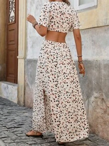 SHEIN VCAY 大码女式 V 领短袖蝴蝶结腰部镂空下摆长裙，豹纹 - 彩色 - 查看 2