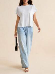 SHEIN Tall White Knitted Open Back Ladies Short-Sleeved T-Shirt - White - View 6