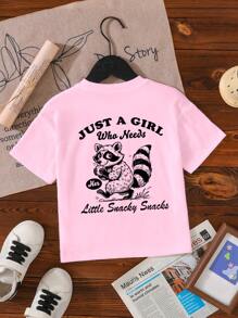 SHEIN 女童休闲可爱浣熊心形和字母印花短袖圆领T恤，春夏 - 粉色 - 查看 2