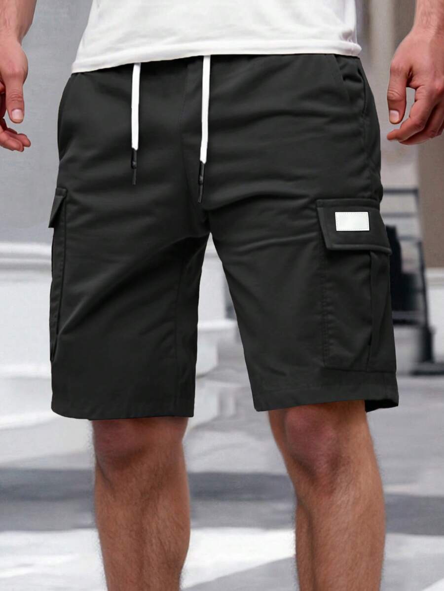 Manfinity Homme Pantalones cortos cargo casuales de hombre con cintura elástica, cordón y bolsillos - Negro - Ver 1