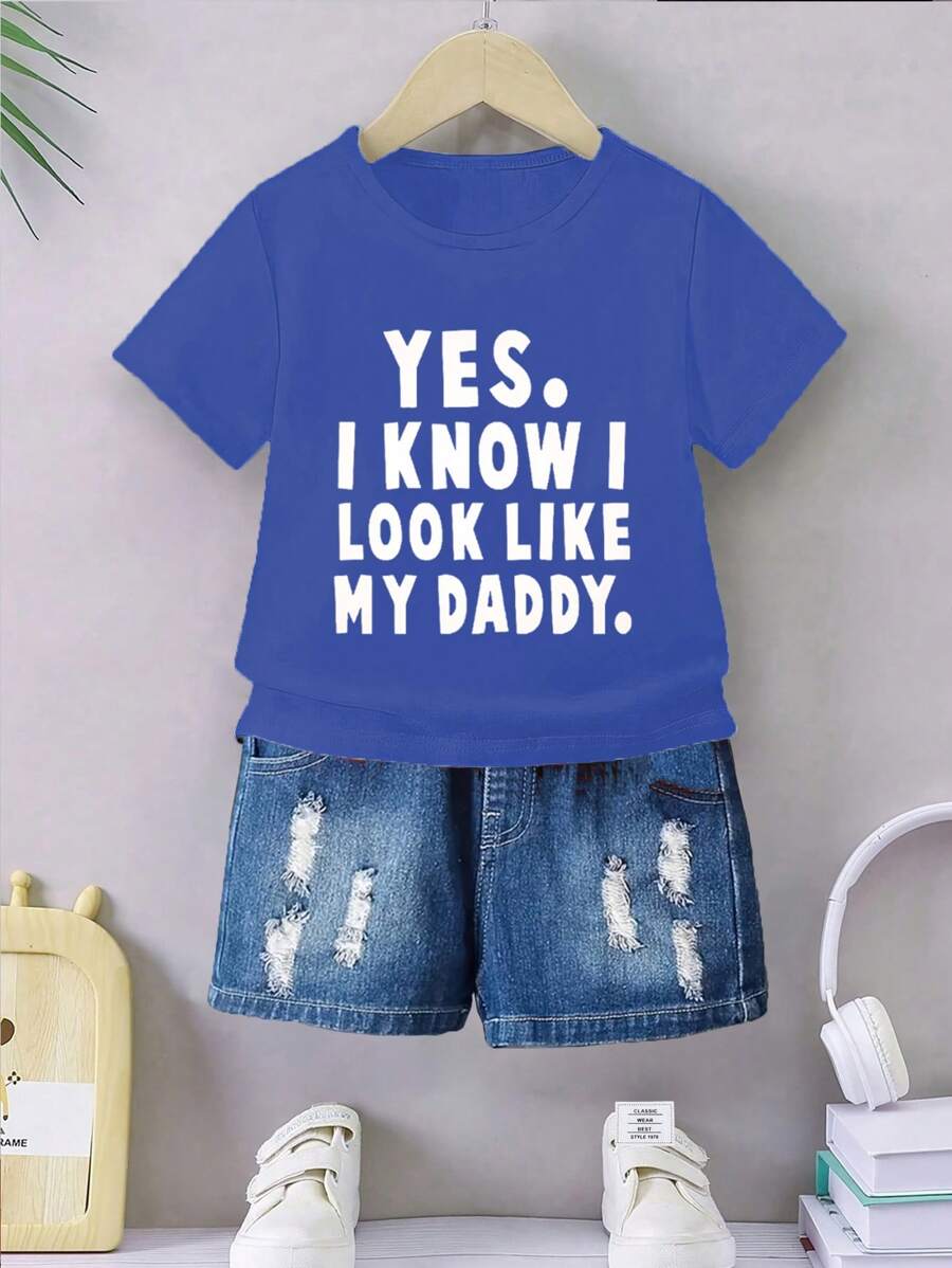 Kaos Bayi Laki-laki Kasual Bergaya Nyaman Motif Kotak-kotak & Slogan Lengan Pendek Kerah Bulat, Musim Panas - Biru - View 1