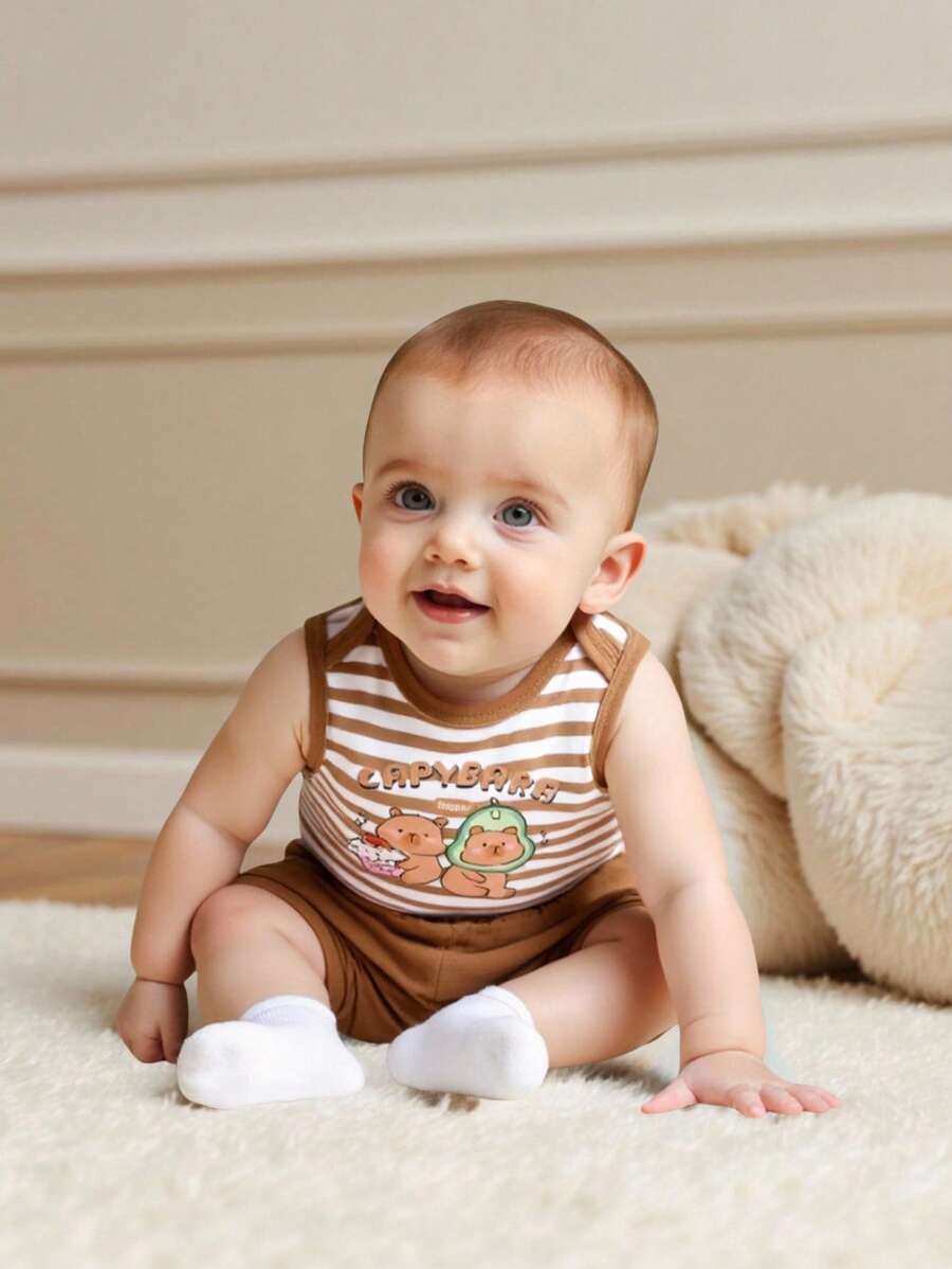 SHEIN 2pcs Baby Boy Cute Stripe Set, Spring/Summer - Brown - View 1