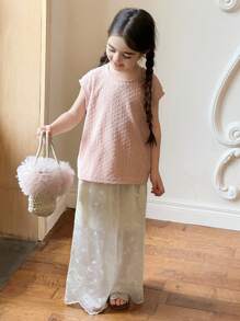 DAZY 2 Stücke Set für Kleine Mädchen mit Rundhalspullover und weiter Hose mit Spitzendetails, Mädchen Sommer Outfit - Altrosa - Übersicht 4