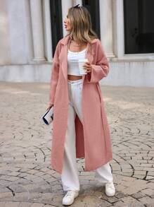 EURMUSE Ladies' Patchwork Tie Belted Woolen Coat - Baby Pink - View 3