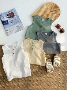Set de 4 piezas para niños pequeños con top y camisa sin mangas con botones delanteros decorativos y de unicolor cómodo y versátil