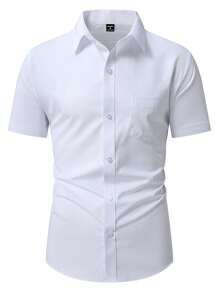 Calvornis Plus Size Men's Casual Business Plain Color Patchwork Pocket Short Sleeve Shirt, Summer - White - View 3