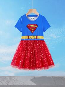 SUPERMAN X SHEIN Young Girl Cartoon Superhero With Golden Belt, Red Star Mesh Blue Short Sleeve Dress, And Cute Design - Multicolor - View 3