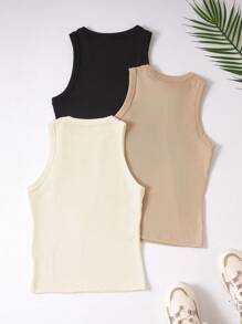 Trelyra Women's Solid Color Crew Neck Ribbed Casual Tank Top, Summer , Basic Tops - Apricot - View 2