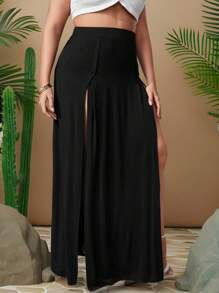 Travachic Plus M-Slit Thigh Solid High Waist Skirt - Black - View 4