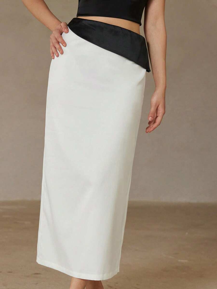 Revavyn Women's Elegant And Versatile Asymmetrical Color Block Fold Up Hem A-Line Midi Skirt, High-End Design For Commuting Fall Cloth For Women - Black and White - View 1