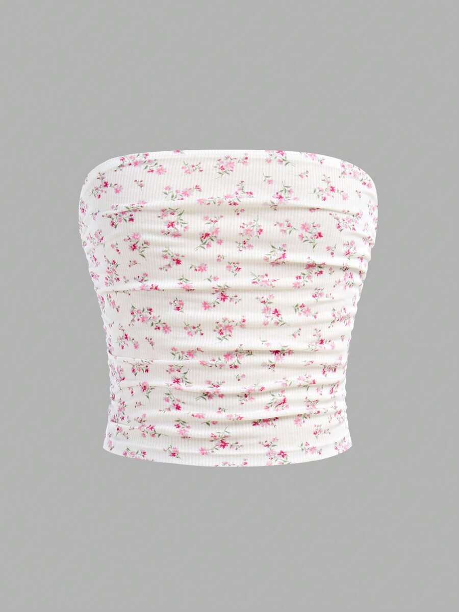 SHEIN Girlism Tween Girl Casual Minimalist Ditsy Floral Ruched Bandeau Top, Can Be Worn Underneath Or As Outerwear, Suitable For Girls Everyday Wear Fall Winter - Baby Pink - View 1