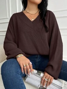 EURMUSE Plus Size Plain Color Raglan Sleeve Casual Sweater, Autumn/Winter - Brown - View 3