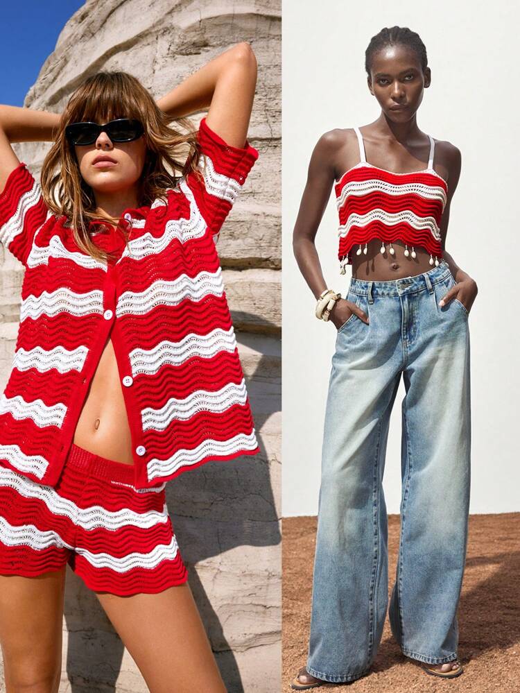 SHEIN Maija 2025 Summer New Red & White Contrast Wave Crochet Hem Shell Tassel Design Ladies Vest Top, Elegant For Commuting, Daily, Romantic, Casual, Beach, Party, Wedding Guest, Music Festival, Independence Day, Graduation