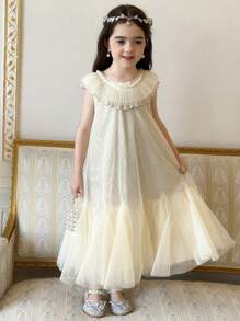 DAZY Đầm dự tiệc sinh nhật dài vừa phải cổ tròn lưới lấp lánh viền bèo nhún cho bé gái, trang phục mùa hè cho bé gái - trắng - Xem 7