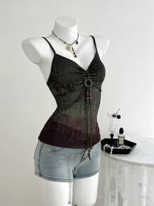 Vintage Printed Beaded String Front Ruched Summer Casual Women Tank Top - Multicolor - View 4