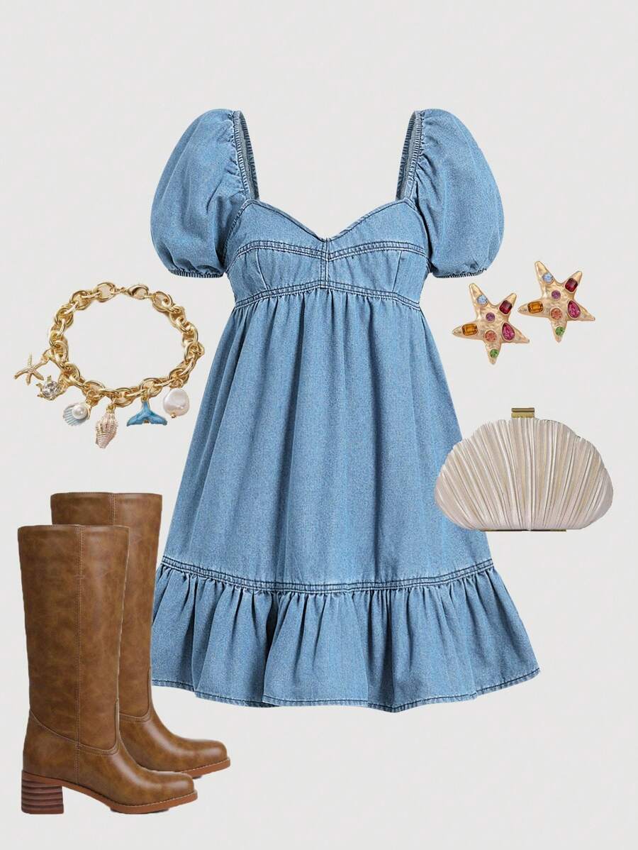 SHEIN MOD Vestido envolvente de mezclilla con mangas abullonadas para mujer, ajuste mini, azul, atuendos de verano para mujer, casual de negocios, elegante, vestido de pascua para mujer, atuendos de vaquera para mujer, atuendo de concierto para mujer, atuendos de rave y festival, atuendo del Día de San Patricio, estilo de dinero viejo para mujer, atuendos de rave, atuendos de Ibiza - Lavado ligero - Ver 1