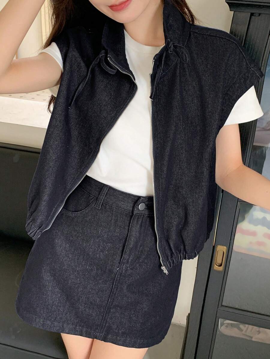 DAZY 女式抽绳腰立领无袖开衫夹克和短款牛仔裙套装，休闲街头风格 - 深色水洗藍 - 查看 1