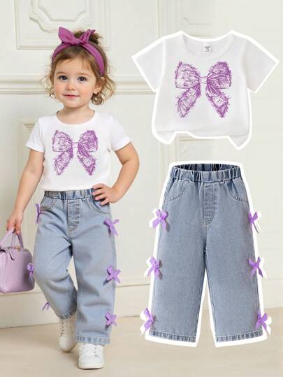 SHEIN 女宝宝夏季韩版休闲可爱粉色蝴蝶结印花短袖衬衫和多蝴蝶结侧边洗水牛仔裤