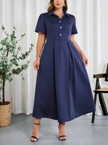 SHEIN Clasi Plus Size Women Navy Blue Striped Collared Short Sleeve A-Line Work Commute Dress,4th Of July Dress,4th Of July Outfits,Professional Women Clothes,Summer Outfits For Women,Summer Dresses For Women, ,Graduation Dress 4th Of July Dress,Summer Dresses,Elegant Dresses For Women,Modest Dresses For Women,Dresses For Women Party,Semi Formal Dress Women,Vacation Outfits Woman,Navy Blue Dress Women, Holiday Outfits,Office Outfits For Women,