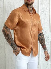 Manfinity AFTRDRK Men's Short Sleeve Jacquard Dress Shirt, Silk-Like Texture Men Cheetah Shirt Men S Cheetah Shirt Apricot Shirt For Men Men S Apricot Shirt Animal Print Men Shirt