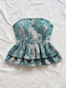 Soleia 全新露肩后系带荷叶边下摆蓝色花卉印花修身抹胸荷叶边上衣