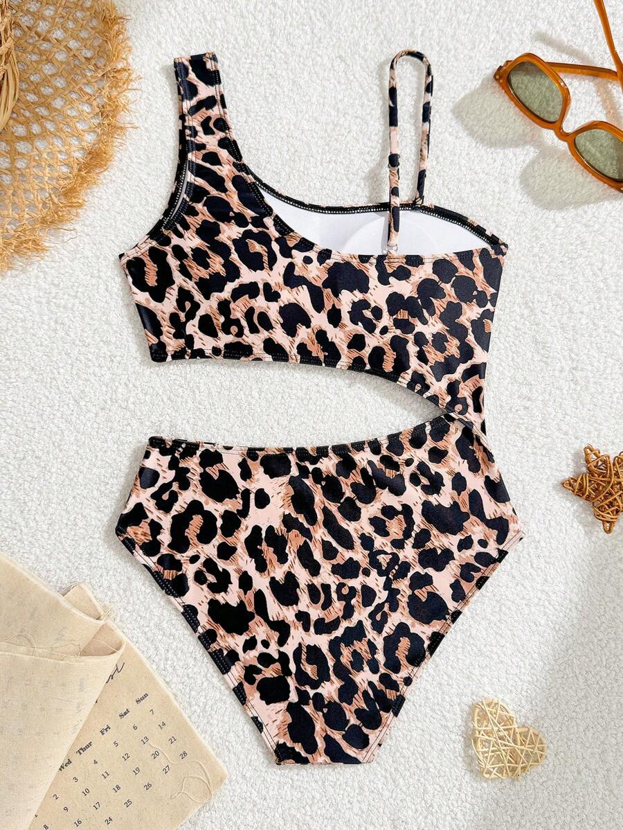 Baju Renang Motif Bunga untuk Anak Perempuan Remaja, Putih Gaya Boho, Liburan Musim Panas, Motif Bunga, Atasan Cami Satu Bahu dengan Tali Bahu yang Dapat Diatur, Set Bikini Pinggang Tinggi, 1 buah - MultiWarna - View 1