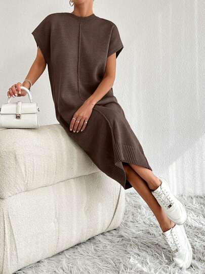 EURMUSE Solid Button Detail Batwing Sleeve Sweater Dresss