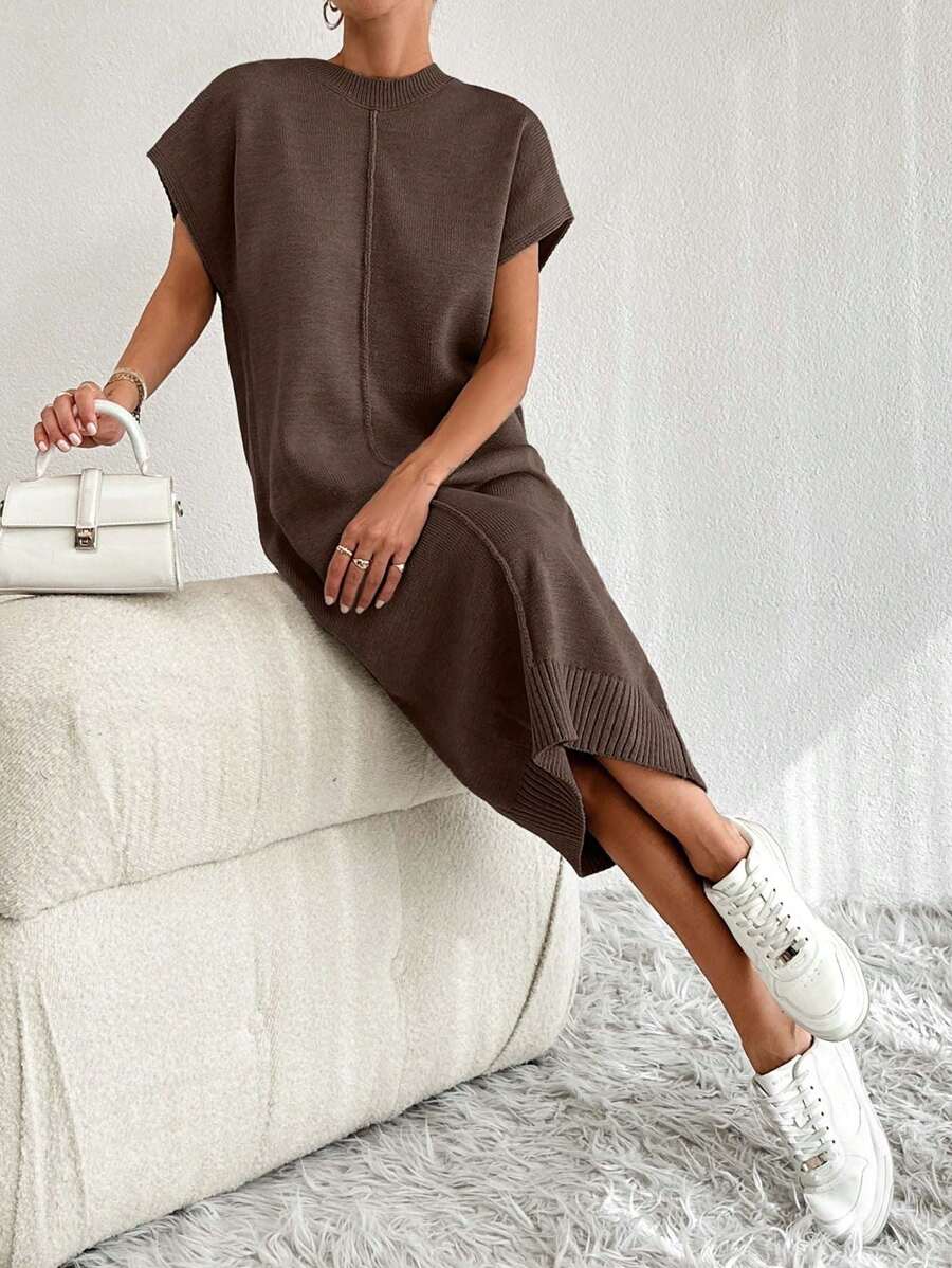 EURMUSE Solid Button Detail Batwing Sleeve Sweater Dresss - Brown - View 1