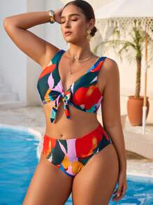 Swim Vcay 1 Set Traje de baño de bikini con diseño serigráfico aleatorio, sexy y atado adelante, para vacaciones en la playa, talla grande para mujer