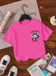 SHEIN 女童淺粉色休閒時尚可愛浣熊愛心字母圖案短袖圓領T恤 夏季校園款 - 玫紅色 - 查看 4