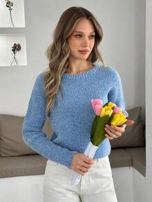 EURMUSE Women Round Neck Baby Blue Cozy Sweater Blue Sweater Womens Sweater Womens Pullover Womens Jumper Pullover Sweater Light Blue Sweater,Jumpers,Women's Jumpers,Winter Clothes - Baby Blue - View 3