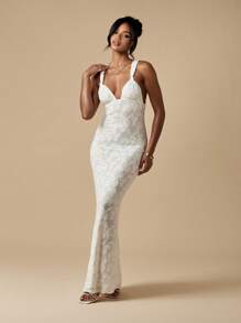 MISSGUIDED Stretch Devore Maxi Gown With Crisscross Open Back Wedding Guest Bridesmaid Special Occasion Floor Length Evening Dress