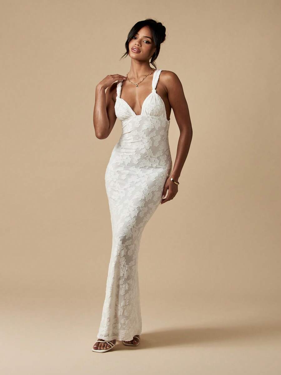 MISSGUIDED Stretch Devore Maxi Gown With Crisscross Open Back Wedding Guest Bridesmaid Special Occasion Floor Length Evening Dress