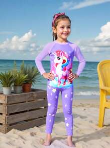 Cute Girls One-Piece Swimsuit With Unicorn & Star Pattern, Zipper Back, Long Sleeve & Long Pants - Multicolor - View 1