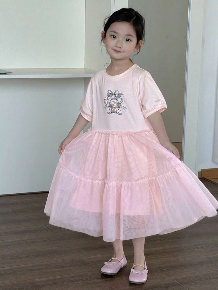 Young Girl Mesh Patchwork Bow Floral Print Short Sleeve Dress,Girls Summer Outfits