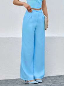 EURMUSE Solid Color Pleated Wide-Leg Dress Pants - Baby Blue - View 4
