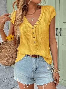 SHEIN LUNE 女士纽扣设计华夫格针织休闲T恤，春夏款，杏黄色，休闲 - 黃色 - 查看 4